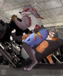 anthro bottomwear clothing duo facesitting gym leg_press male male/male male_facesitting_male muscular muscular_male shorts sitting sitting_on_another icer_breaker epic_games fortnite leg_press_redraw_(meme) dire_(fortnite) wendell_(fortnite) canid canine canis mammal wolf 2024 hi_res meme