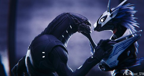 anthro arm_feathers arm_tuft armor avian_caruncle blue_body blue_feathers duo eye_contact feather_hair feathered_crest feathers female female_anthro glowing glowing_eyes hand_on_cheek hand_on_face head_crest headgear helmet interspecies looking_at_another male male/female male_on_anthro pseudo_hair romantic romantic_couple tuft white_eyes yellow_eyes silent_sfm iexaminar_(modeler) pickle_juice_(modeler) halo_(series) microsoft xbox_game_studios alien avian kig-yar sangheili scalie t'vaoan 256:135 3d_(artwork) 4k absurd_res colored digital_media_(artwork) hi_res
