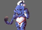 anthro big_butt blue_body blue_eyes blue_fur butt clothing fur hair jockstrap male markings muscular muscular_anthro muscular_male perineum smile solo striped_body striped_markings striped_tail stripes tail tail_markings tattoo underwear white_hair wide_hips ashi_ton ashi_(character) felid feline mammal pantherine tiger