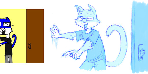 4_fingers 5_fingers anthro art_comparison comparison door door_handle doorknob eyes_closed eyewear fingers glasses laugh male solo tail version_comparison loki_(artist) third-party_edit felid mammal digital_media_(artwork) hi_res line_art microsoft_paint_(artwork) monochrome sketch