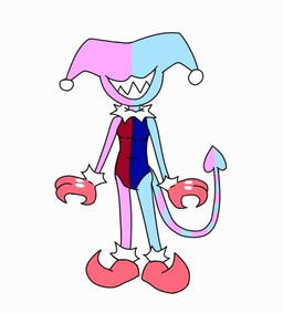 3_fingers blue_body clogs clothed clothing eyeless feet female fingers footwear gloves handwear multicolored_body multicolored_clothing multicolored_skin pink_body pointed_tail sharp_teeth simple_background solo standing teeth toes white_background clown_with_teef bitey_(clown_with_teef) demon humanoid imp
