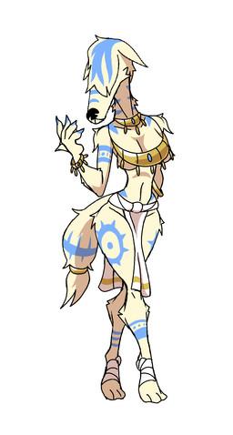 anthro arm_tattoo bottomwear clothing colored_nails female gold_(metal) gold_jewelry hair hair_over_eyes jewelry larger_female leg_tattoo loincloth long_snout markings nails necklace simple_background size_difference snout solo tattoo tribal tribal_clothing tribal_jewelry tribal_markings tribal_necklace tribal_tattoo white_background wristband diegutan canid canine canis domestic_dog mammal hi_res