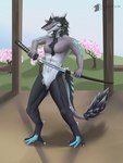 absurd_res anthro featureless_crotch fur hair hi_res holding_melee_weapon holding_object holding_sword holding_weapon katana looking_at_viewer male mammal melee_weapon muscular muscular_anthro muscular_male pecs sergal simple_background smile solo standing sword tail teremunart unknown_character unsheathing weapon
