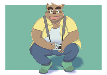 anthro bottomwear brown_body camera clothing humanoid_hands kemono male overweight overweight_male pants shirt simple_background solo topwear kamakitoron kumatoron morenatsu kounosuke_kuri canid canine mammal raccoon_dog tanuki 2022 absurd_res hi_res