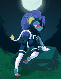 anthro barefoot bedroom_eyes big_ears blue_hair butt clothing cosplay feet female footwear forest hair half_naked knee_highs knee_socks legwear light moonlight narrowed_eyes night pawpads paws plant rear_view seductive socks solo tail tree mossycl capcom darkstalkers nintendo pokemon elin_(mossycl) fan_character felicia_(darkstalkers) felid feline generation_4_pokemon luxray mammal pokemon_(species) absurd_res hi_res