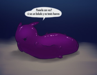 ambiguous_gender anthro anus armless dialogue glistening glistening_body legless lying purple_body question seductive smile text underwater water e254e aquatic benthodytes_violeta echinoderm echinozoan sea_cucumber hi_res spanish_text translated