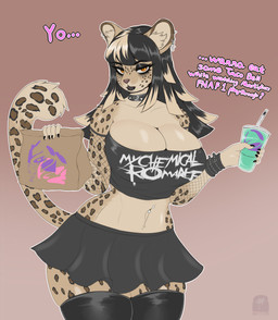 alternative_fashion anthro big_breasts black_hair black_lipstick bracelet breasts clothing collar dialogue ear_piercing ear_ring emo eyeshadow female fishnet_clothing goth hair jewelry legwear lipstick makeup midriff orange_eyes piercing ring_piercing solo stockings thigh_highs wide_hips saucytoast baja_blast big_titty_goth_gf_(meme) mountain_dew my_chemical_romance taco_bell felid feline jaguar mammal pantherine absurd_res hi_res
