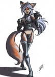 anthro biped blue_eyes boots breasts cat_o'_nine_tails clothing collar dominatrix female footwear fur grey_hair grin hair high_heeled_boots high_heels leash leather legwear orange_body orange_fur pose shoes smile solo standing tail thigh_boots thigh_highs whip ironfox canid canine fox mammal