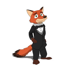 anthro biped bottomwear bow_tie clothing green_eyes male pants shirt simple_background solo standing suit topwear white_background piothecloudrat disney zootopia nick_wilde canid canine fox mammal 1:1 2025 hi_res