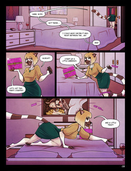 all_fours anthro bangs bed bedroom bent_over biped blonde_hair bob_cut bodily_fluids bottomwear brown_body brown_fur clothing container controller cup dialogue drinking_glass duo electronics erection female female_anthro front_view fur furniture genitals glass glass_container glass_cup green_bottomwear green_clothing green_skirt hair holding_controller holding_object holding_remote_control inside jewelry licking male male/female markings multicolored_body multicolored_fur necklace offscreen_male on_bed open_mouth oral page_number pendant penile penis penis_lick pornography rear_view remote_control saliva saliva_on_penis sex skirt snout solo speech_bubble standing striped_markings striped_tail stripes tail tail_markings television text tongue tongue_out two_tone_body two_tone_fur white_body white_fur wine_glass kaylii kit_(kaylii) lemur mammal primate ring-tailed_lemur strepsirrhine 2018 comic digital_drawing_(artwork) digital_media_(artwork) english_text hi_res