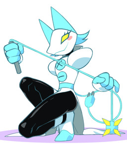 4_fingers anthro armor blue_hair blush boots bottomwear clothing cord_tail female fingers floating_hands footwear hair loincloth machine pauldron power_cord shoes simple_background smile solo split_dress tight_clothing whip yellow_eyes sanekazura78 deltarune undertale_(series) tasque_manager darkner felid mammal robot digital_media_(artwork) hi_res