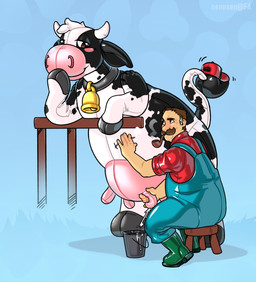 anthro bell bell_collar biped blue_background boots brown_facial_hair brown_hair brown_mustache bucket clothed clothing collar container duo facial_hair footwear green_boots green_clothing green_footwear hair inflatable latex latex_boots latex_clothing latex_footwear latex_overalls male milk milk_bucket milk_container mustache overalls red_clothing red_topwear shoes simple_background smoking_pipe teats topwear udder_milking udders nennsen overzen_(characters) animate_inanimate bovid bovine cattle human living_inflatable mammal 2025 digital_media_(artwork) hi_res