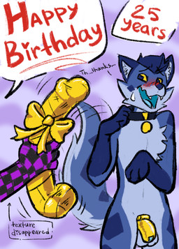 animal_dildo animal_sex_toy anthro blue_body blue_eyes blue_fur blush blush_lines bodily_fluids chastity_cage chastity_device collar collar_tag dialogue dildo duo equine_dildo fur gift_bow gift_wrapped gold_(metal) gold_chastity_cage gold_chastity_device male metal_chastity_cage missing_texture offscreen_character sex_toy solid_chastity_cage speech_bubble sweat sweatdrop tail tail_motion tailwag text wearing_chastity_cage wearing_chastity_device wearing_collar yellow_sclera nordicecream nordicecream_(character) canid canine mammal english_text hi_res