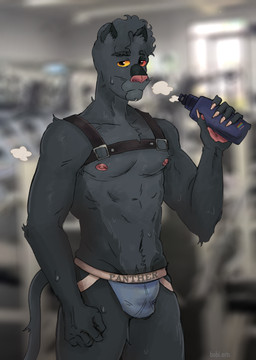 anthro black_body bodily_fluids bottle clothing container curly_hair gym hair harness heterochromia jockstrap male muscular musk musky_body photo_background solo sweat sweatdrop underwear water_bottle bibomusky felid mammal pantherine hi_res mixed_media photography_(artwork)