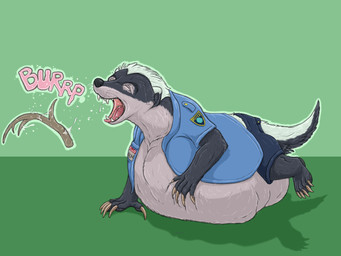 after_vore antlers badge belly big_belly bodily_fluids bottomwear burping claws clothed clothed_feral clothing death eyes_closed fatal_vore female female_feral female_pred feral feral_pred fully_clothed fully_clothed_feral fully_inside fur green_background grey_body grey_fur horn huge_belly hyper hyper_belly name_tag open_mouth police police_officer police_uniform resting_on_belly saliva same_size_vore semi-anthro shirt shorts simple_background solo tail topwear uniform vore white_body white_fur strega disney zootopia karen_(zootopia) badger honey_badger mammal mustelid musteline 4:3 hi_res