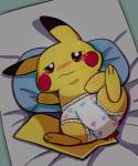 blush bulge clothed clothing diaper diaper_only feral lying male on_back pillow presenting solo topless wearing_diaper mewsaur nintendo pokemon generation_1_pokemon pikachu pokemon_(species)