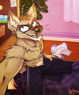 anthro arm_tuft barefoot bed black_nose bottomwear brown_body brown_fur chest_tuft claws clothed clothing curtains discarded_clothing discarded_shirt discarded_topwear fangs feet finger_claws fingers fur furniture high-angle_view humanoid_hands inner_ear_fluff kneeling looking_at_viewer looking_up male navel nipples note on_bed open_mouth open_smile pants pubes selfie shoulder_tuft smile solo sweatpants teeth text tongue topless topless_male tuft whiskers gothwolf beastars durham_(beastars) canid canine canis coyote mammal 2021 absurd_res digital_media_(artwork) english_text hi_res signature