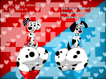 anthro balls big_butt black_ears black_nose black_spots blue_clothing blue_footwear blue_socks blush butt clothing duo femboy floppy_ears footwear freckled_face freckles fur genitals heterochromatic_ears huge_butt male panties pink_inner_ear red_clothing red_footwear red_socks socks spots text thick_thighs underwear white_body white_fur white_spots mgdire671 101_dalmatian_street 101_dalmatians disney dawkins_(101_dalmatians) dylan_(101_dalmatians) canid canine canis dalmatian domestic_dog mammal english_text hi_res