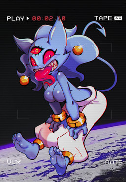 3_eyes 5_fingers 5_toes anthro barefoot big_breasts black_claws blue_body bottomwear bracelet breasts claws clothed clothing creepy_smile earth featureless_breasts feet female fingers grin humanoid_feet hunched_over jewelry looking_at_viewer multi_eye oversized_bottomwear oversized_clothing oversized_pants pants planet plantigrade red_eyes red_sclera sharp_teeth smile soles solo space tail teeth text toes tongue tongue_out topless topless_anthro topless_female vhs_filter white_bottomwear white_clothing white_pants duppio mixie_(duppio) animal_humanoid felid felid_humanoid feline feline_humanoid humanoid mammal mammal_humanoid hi_res
