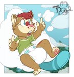 amazed anthro beaver_tail blue_eyes blue_tail brown_body brown_fur buckteeth clean_diaper clothed clothing cloud diaper fur green_clothing green_shirt green_topwear hair in_the_sky lying male markings multicolored_body multicolored_fur open_mouth pantsless pawpads red_hair red_markings shirt sky solo tail teeth topwear tucked_legs two_tone_body two_tone_fur wearing_diaper white_body white_fur artistakita kvikk_(littlekvikk) beaver mammal rodent hi_res