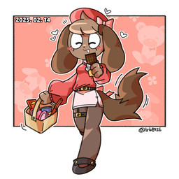 anthro basket belt bottomwear bow_ribbon breasts brown_body brown_ears brown_fur brown_hair brown_tail candy chocolate chocolate_bar clothed clothed_anthro clothed_female clothing container dessert emoji_description eyelashes eyes_closed female female_anthro floppy_ears food footwear front_view fully_clothed fully_clothed_anthro fully_clothed_female fur hair hat headgear headwear heart_symbol holding_basket holding_candy holding_chocolate holding_container holding_food holding_object holidays legwear lop_ears motion_lines red_clothing red_topwear skirt smile solo tail topwear lnb valentine's_day anna_holiday canid canine canis domestic_dog mammal 1:1 2025 dated digital_drawing_(artwork) digital_media_(artwork) full-length_portrait portrait