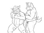 anthro belly blush bodily_fluids duo humanoid_hands kemono male moobs nipples overweight overweight_male simple_background sumo sweat white_background oogamikennta canid canine canis domestic_dog mammal suid suine sus_(pig) wild_boar 2014 4:3 monochrome