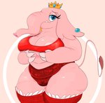 anthro bald big_breasts breasts clothing female huge_breasts lace_panties legwear lingerie looking_at_viewer overweight overweight_female panties slightly_chubby stockings tusks underwear wide_hips goopyarts mario_bros nintendo super_mario_bros_wonder elephant_peach princess_peach elephant elephantid mammal proboscidean absurd_res hi_res