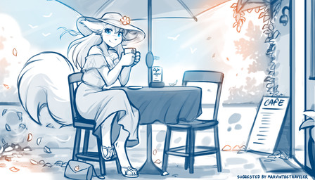 anthro anthrofied arm_tuft at_table autumn autumn_leaves bare_shoulders beverage biped blue_eyes blush blush_lines breasts cafe chair cheek_tuft chest_tuft clothed clothed_anthro clothed_female clothing cloud container cup digitigrade dress elbow_tuft facial_tuft feet female footwear front_view fully_clothed fully_clothed_anthro fully_clothed_female fur furgonomics furniture hair hat hat_ribbon headgear headwear holding_beverage holding_container holding_cup holding_object looking_at_viewer on_chair outside parasol purse sandals shoes sign sitting sky smile solo sun_hat sundress table tail tea text toes tuft conditional_dnp tom_fischbach twokinds mrs._nibbly mammal rodent sciurid tree_squirrel 2025 7:4 digital_drawing_(artwork) digital_media_(artwork) english_text hi_res monochrome sketch spot_color