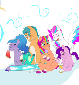 anthro dessert eating feathered_wings feathers female feral food fruit group hair hooves horn ice_cream melon plant ponytail quadruped size_difference swimming_pool watermelon wings aztrial hasbro mlp_g5 my_little_pony mythology hitch_trailblazer_(mlp) izzy_moonbow_(mlp) pipp_petals_(mlp) sparky_sparkeroni_(mlp) sunny_starscout_(mlp) zipp_storm_(mlp) dragon equid equine mammal mythological_creature mythological_equine mythological_scalie pegasus scalie unicorn absurd_res hi_res