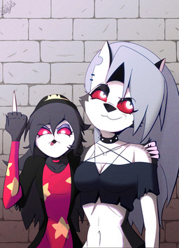 anthro beak bottomwear breasts clothed clothing collar dress duo ear_piercing female gesture glowing glowing_eyes grey_hair hair hand_gesture jacket middle_finger navel notched_ear piercing red_sclera spiked_collar spikes tongue tongue_out topwear white_eyes doylecoati hellaverse helluva_boss mythology loona_(helluva_boss) octavia_(helluva_boss) canid canid_demon canine demon hellhound mammal mythological_canine mythological_creature owl_demon 2022 digital_media_(artwork) hi_res