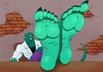 5_toes angry anthro barefoot clothed clothing coat countershade_feet countershading crossed_legs feet foot_focus fully_clothed humanoid_feet lab_coat legs_up looking_at_viewer male muscular muscular_male plantigrade sitting soles solo toes topwear torn_clothing dront marvel spider-man_(series) the_lizard_(marvel) lizard reptile scalie absurd_res hi_res