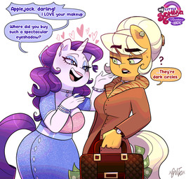 alternate_hairstyle anthro black_eyebrows blonde_hair blue_eyes blue_eyeshadow bracelet choker clock clothing coat dialogue dress duo eye_bags eyebrow_through_hair eyebrows eyeshadow female green_eyes hair heart_symbol horn jewelry makeup necklace question_mark ring text thick_eyebrows topwear translucent translucent_hair watch wristwatch xconitox friendship_is_magic hasbro my_little_pony mythology applejack_(mlp) rarity_(mlp) earth_pony equid equine horse mammal mythological_creature mythological_equine pony unicorn english_text hi_res