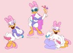 animal_genitalia animal_penis anthro areola balls bodily_fluids breasts clothed clothing cum dripping genital_fluids genitals gynomorph intersex nipples penis pink_background precum precum_drip simple_background solo chewycuticle disney daisy_duck anatid anseriform avian bird duck 11:8 2023 hi_res