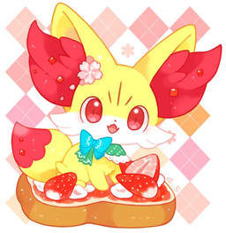 accessory ambiguous_gender blue_ribbon bread cherry_blossom clothing dairy_products dipstick_tail facial_tuft feral flesh_fang flower flower_in_hair food fruit fur giant_food green_clothing hair hair_accessory head_markings hip_tuft inner_ear_fluff jelly_(food) markings neck_ribbon on_food pattern_background plant prunus_(flower) pupils red_body red_eyes red_fur red_markings ribbons simple_background sitting slit_pupils solo strawberry tail tail_markings toast tuft whipped_cream white_body white_clothing white_fur white_markings yellow_body yellow_fur michi_runi nintendo pokemon canid canine fennekin generation_6_pokemon mammal pokemon_(species) digital_media_(artwork) unavailable_at_source