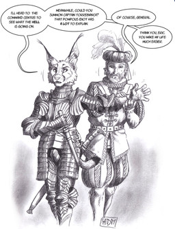 anthro armor beard biped clothing codpiece couter cuirass cuisse dagger dialogue doublet dressing_another duo ear_piercing ear_ring facial_hair facial_scar faulds gauntlets gloves gorget greaves handwear holding_dagger holding_melee_weapon holding_object holding_weapon knight kriegsmesser male male_anthro male_human medieval_clothing melee_weapon messer_(sword) pauldron piercing plume poleyn puffy_pants rerebrace ring_piercing scabbard scar sheathed_sword speech_bubble squire standing sword tassets text vambrace warrior weapon 0laffson caracal caracal_(genus) felid feline human mammal 2026 english_text greyscale hi_res monochrome traditional_media_(artwork)