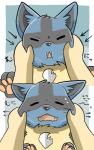 ambiguous_form ambiguous_gender blue_body blue_fur bodily_fluids canid duo eyes_closed face_squish fangs fur generation_4_pokemon hi_res lucario mammal nintendo open_mouth pawpads paws pokemon pokemon_(species) squish sweat sweatdrop teeth toumoro_22