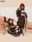 anthro biped bound breasts chain chained clothing collar desert dreadlocks duo exposed_breasts female female_anthro khopesh male male_anthro melee_weapon prisoner red_clothing runes shield sword tattoo weapon tyunre canid canine canis equid equine mammal wolf zebra 3:4 hi_res