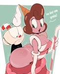 big_butt breasts brown_hair butt cleavage clothed clothing dialogue duo female for_a_head green_eyes hair huge_butt looking_at_another looking_at_butt looking_at_partner male male/female not_furry open_mouth simple_background usnarbit cuphead_(game) baroness_von_bon_bon cuphead_(character) animate_inanimate human humanoid mammal object_head 2023 hi_res