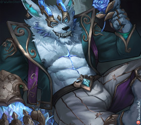 abs anthro clothed clothing fur looking_at_viewer male muscular muscular_anthro muscular_male nipples pecs sitting smile solo teeth wulfer-shepherd league_of_legends riot_games tencent warwick_(lol) canid canine canis mammal wolf absurd_res hi_res