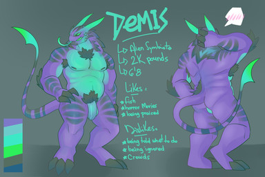 armpit_hair blue_body body_hair chest_tuft claws genitals green_eyes hand_on_hip horn male multicolored_body not_furry nude penis pubes purple_body solo standing tail teeth text tongue tongue_out tuft conop-8888 alien 3:2 english_text hi_res model_sheet