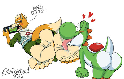 anthro anus butt duo feet foot_fetish foot_lick humanoid_feet licking male nintendo_switch_console open_mouth plantigrade soles text toes tongue doritohead mario_bros nintendo star_fox the_super_mario_galaxy_movie fox_mccloud yoshi_(character) canid canine fox mammal yoshi hi_res