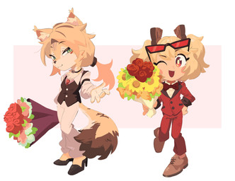 4_fingers anthro bell bell_collar blonde_hair blush blush_stickers bottomwear bouquet bow_tie breasts chibi clothed clothing collar collared_shirt duo eyewear eyewear_on_head female female_anthro female_focus female_human fingers flower flower_bouquet footwear formal_wear fur green_eyes hair half-closed_eyes high_heels looking_at_viewer narrowed_eyes necktie one_eye_closed open_mouth pants pigtails plant ponytail pose reaching_towards_viewer red_clothing red_eyes red_suit rose_(flower) shirt shoes simple_background smile smiling_at_viewer suit sunglasses sunglasses_on_head tail topwear twintails_(hairstyle) vest wearing_sunglasses white_bottomwear white_clothing white_pants yellow_body yellow_fur mangedugruau mihoyo zenless_zone_zero burnice_white pulchra_fellini felid feline human mammal thiren 2025 absurd_res colored detailed digital_drawing_(artwork) digital_media_(artwork) hi_res shaded
