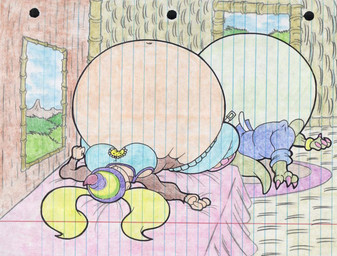 anthro bed belly big_belly big_breasts blonde_hair blue_clothing breasts clothing duo female furniture hair huge_belly inside lying on_back overweight pregnant pregnant_anthro pregnant_female virus-20 donkey_kong_(series) nintendo kalypso tiny_kong haplorhine kremling mammal monkey primate scalie 2013 traditional_media_(artwork)