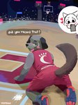 3:4 all_fours anthro anthro_focus bald basketball basketball_court bedroom_eyes black_body black_fur blue_clothing blue_footwear blue_shoes blush bottomwear canid canine canis cleveland_cavaliers clothing cutaway dialogue domestic_dog duo english_text floppy_ears footwear fur furgonomics grey_body grey_clothing grey_footwear grey_fur grey_shoes looking_at_viewer looking_back male male_focus mammal moondog_(cleveland_cavaliers) narrowed_eyes nba photo_manipulation photomorph red_bottomwear red_clothing red_footwear red_shirt red_shoes red_shorts red_topwear running_shoes seductive shirt shoes shorts solo_focus speech_bubble stadium text tongue tongue_out topwear vistrou