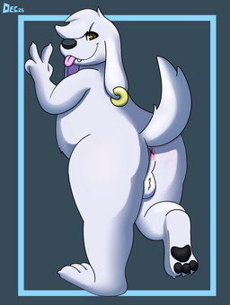 anthro anus backsack balls blep butt ear_piercing ear_ring fur genitals gesture hand_gesture looking_at_viewer male piercing presenting presenting_hindquarters ring_piercing slightly_chubby solo tongue tongue_out v_sign white_body white_fur december_dreams family_guy jasper_(family_guy) canid canine mammal hi_res