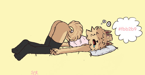 anthro ass_up backsack balls bodily_fluids bottomless butt clothed clothing dream drooling fur genitals hair_curlers legwear male multicolored_body multicolored_fur pillow pink_clothing saliva shirt sleeping solo stockings tail tan_body tan_fur tank_top topwear styxyesrenegade epic_games fortnite fetch_(fortnite) canid canine canis domestic_dog mammal pomeranian spitz 2026 colored digital_drawing_(artwork) digital_media_(artwork) hi_res sketch