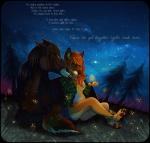 anthro duo female feral fur greeting hair night outside profanity sitting sky star starry_sky text compass_(artist) canid canine canis equid equine horse mammal wolf english_text