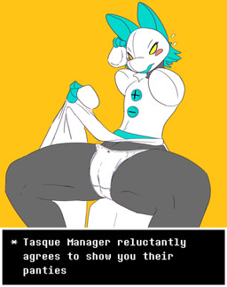anthro blue_ears blush camel_toe clothed clothing empty_eyes female female_anthro flat_chested grey_body no_pupils open_mouth panties simple_background sitting solo spread_legs spreading topless underwear white_body white_clothing white_panties white_underwear yellow_background yellow_eyes hardscales deltarune undertale_(series) tasque_manager species_request hi_res