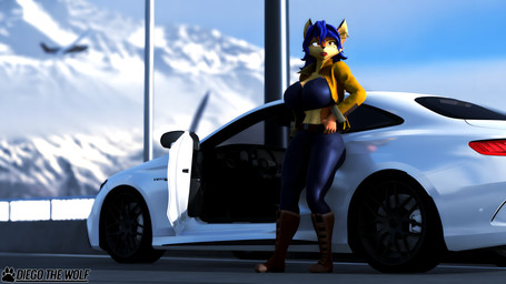 aircraft airplane anthro belly_exposed big_breasts blue_bottomwear blue_clothing blue_hair blue_pants blue_shirt blue_topwear boots bottomwear breasts bridge brown_boots brown_clothing brown_footwear car clothing female footwear fur hair jacket landscape lips looking_at_another mountain orange_body orange_eyes orange_fur pants piercing pose red_lips shirt shoes solo topwear vehicle yellow_clothing yellow_jacket_(clothing) yellow_topwear diegothewolf warfaremachine_(modeler) mercedes-benz mercedes-benz_c63 sly_cooper_(series) sony_corporation sony_interactive_entertainment sucker_punch_productions carmelita_fox warfare_carmelita canid canine fox mammal 16:9 3d_(artwork) absurd_res blender_(artwork) blender_eevee_(artwork) digital_media_(artwork) hi_res pinup widescreen