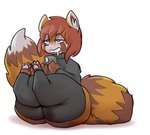 anthro big_butt blue_eyes bodily_fluids brown_body brown_fur butt clothing drooling electronics fur hair huge_butt legwear male orange_body orange_fur pawpads phone red_hair saliva sitting solo thick_thighs thigh_highs white_body white_fur azserfy sixfour_(character) ailurid mammal red_panda